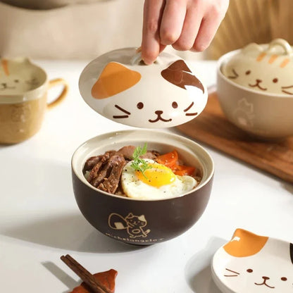 550ml Cartoon Cat Ceramic Instant Noodle Bowl With Lid Underglaze Color Soup Salad Bowl Kitchen Office Student Lunch Box 1pcs - AMULET RING STORE