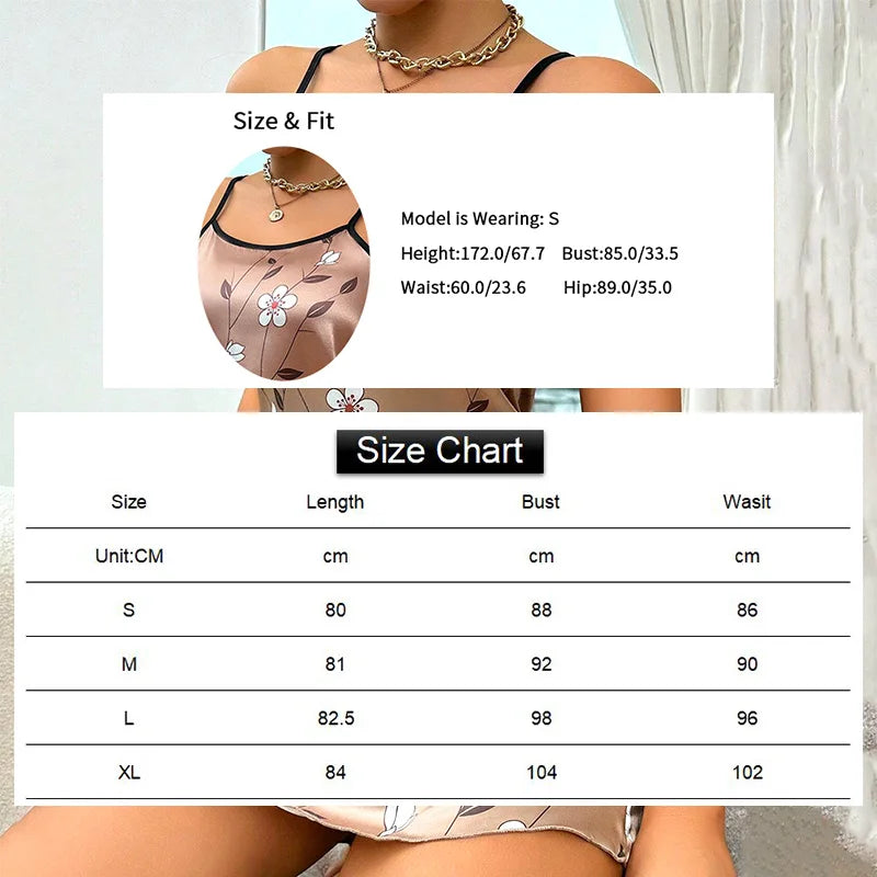 Women's Sleepdress Satin Floral Print Nightdress Comfortable Spaghetti Strap Sleepwear Dress Luxurious Satin Slip Nightdress - AMULET RING STORE