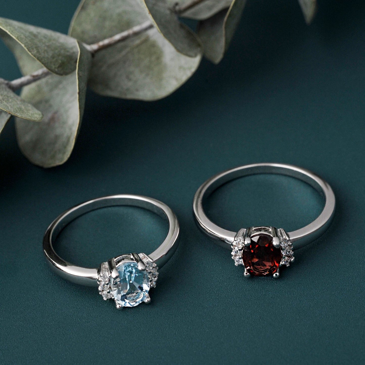 Potiy Natural Oval Shape Sky Blue Topaz Garnet Ring 925 Sterling Silver for Women Daily Wedding Party Jewelry