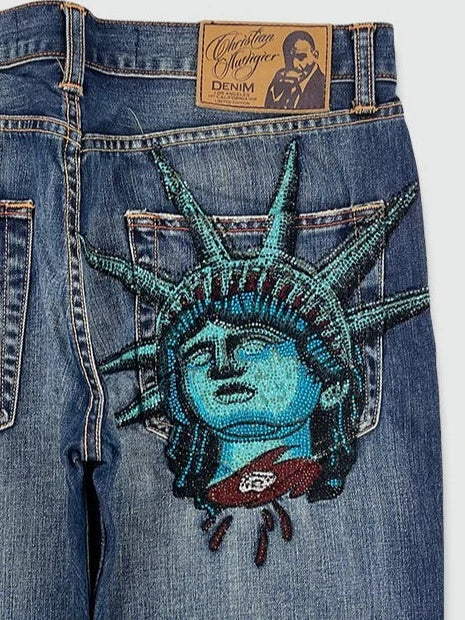 Y2k 2000s Statue of liberty Diamonds Denim Pants High Waist Straight Women Casual Wide Leg Jeans Harajuku Vintage Women Clothing - AMULET RING STORE