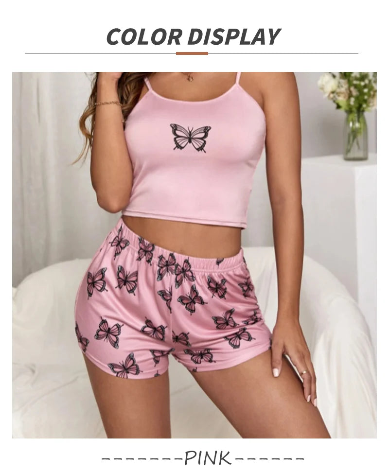 Two Pieces Summer Sexy Pajamas Butterfly Print Cami Pajamas Set Fashion Sexy Home Ladies Underwear Vest Shorts Pijamas - AMULET RING STORE
