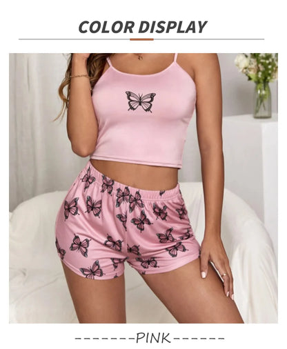 Two Pieces Summer Sexy Pajamas Butterfly Print Cami Pajamas Set Fashion Sexy Home Ladies Underwear Vest Shorts Pijamas - AMULET RING STORE