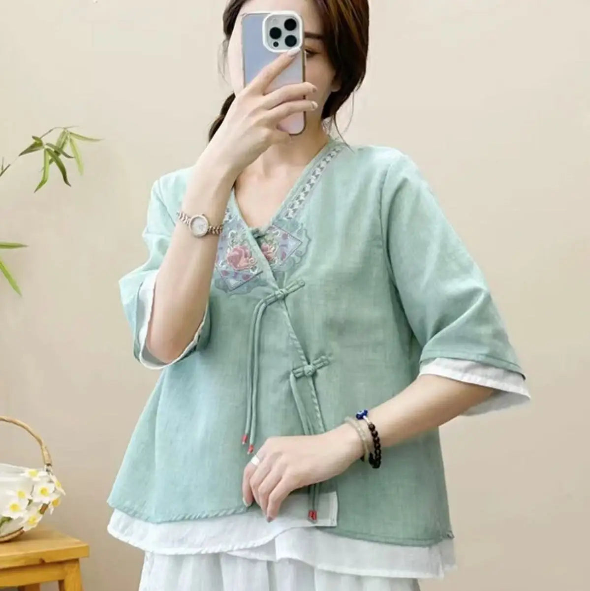 Casual Loose Blouse Shirt Women Clothes Summer Cotton Linen Ladies Tops Tee Blusas Vintage Embroidery Woman Shirt Camiseta Mujer