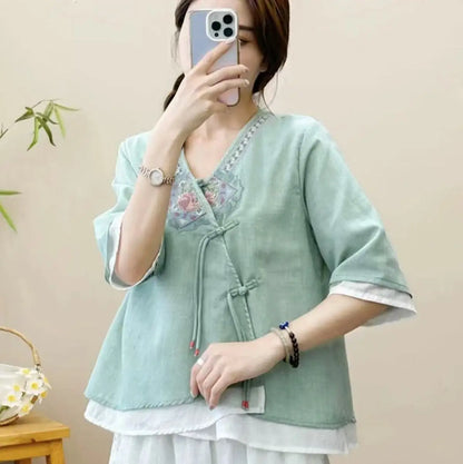 Casual Loose Blouse Shirt Women Clothes Summer Cotton Linen Ladies Tops Tee Blusas Vintage Embroidery Woman Shirt Camiseta Mujer