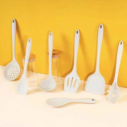 7Pcs Beige White Silicone Kitchenware Cooking Utensils Heat-resistant Spatula Turner Pasta Colander Shovel Kitchen Accessories