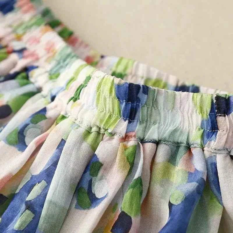 French Floral Oil Painting Elegant Chic Elastic High Waist A-line Women's Skirt Mid-Calf Long Skirts For Women Clothing Fashion