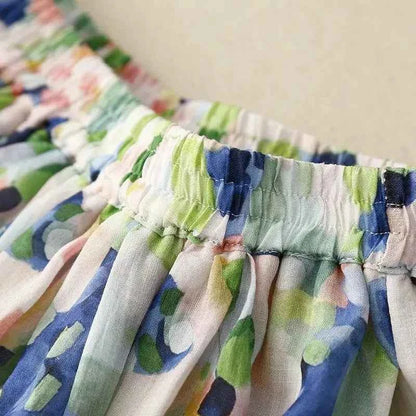 French Floral Oil Painting Elegant Chic Elastic High Waist A-line Women's Skirt Mid-Calf Long Skirts For Women Clothing Fashion