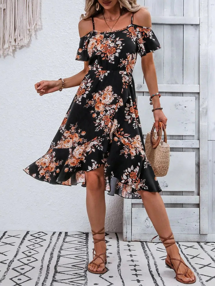 Summer women's printed off shoulder slit camisole irregular skirt shape women's elegant dress with temperament - AMULET RING STORE