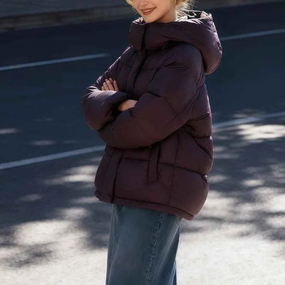 Women's Hooded Purple Cotton Jacket - Quilted Design, Warm Winter Coat, Casual Cold-Weather Outerwear