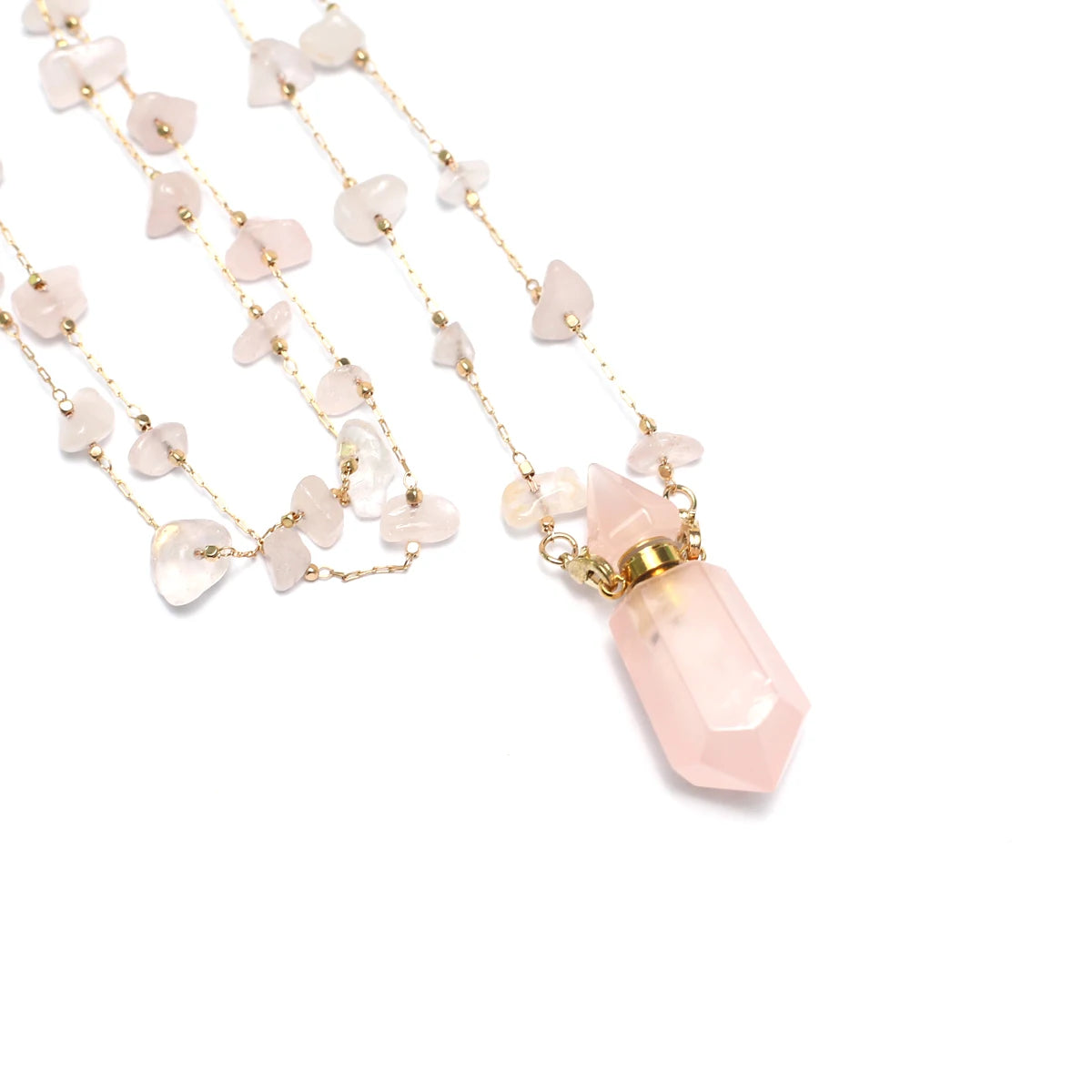 Natural Stone Rose Clear Quartz Perfume Bottle Pendant Pearl Gravel Chain Essential Oil Diffuser Charms Women Jewerly Necklace - AMULET RING STORE