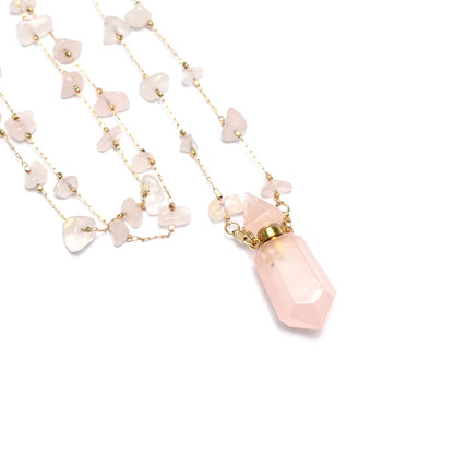 Natural Stone Rose Clear Quartz Perfume Bottle Pendant Pearl Gravel Chain Essential Oil Diffuser Charms Women Jewerly Necklace - AMULET RING STORE