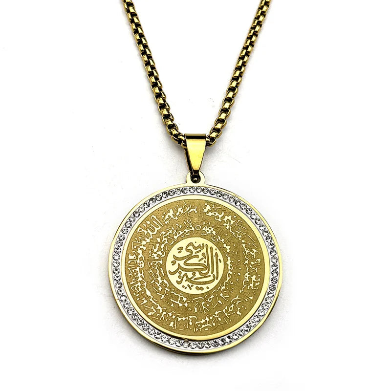 Stainless Steel Muslim Islam Quran Allah Crystals Chain Necklaces for Women Men Gold Color Round Pendants Necklaces Jewelry Gift