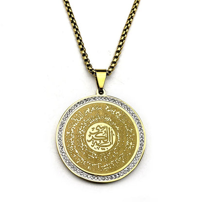 Stainless Steel Muslim Islam Quran Allah Crystals Chain Necklaces for Women Men Gold Color Round Pendants Necklaces Jewelry Gift