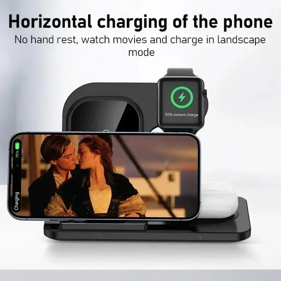 3 In 1 Wireless Charger Stand Foldable 15W Fast Wireless Charging Station Dock for iPhone 16 15 14 13 12 iWatch 9 8 7 6 Airpods