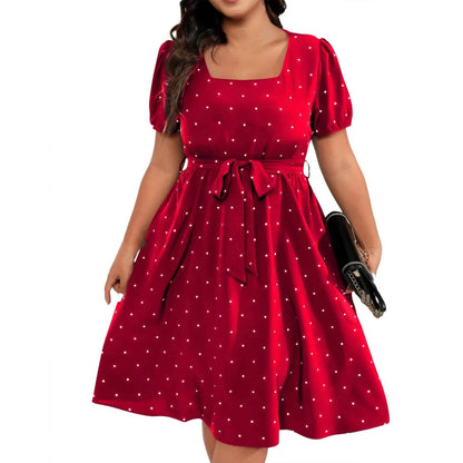 Plus Size Ladies Elegant Retro Polka Dot Waist Tie Square Neck Dress Classic Fashion Summer Short Sleeve Vacation A-line Skirt