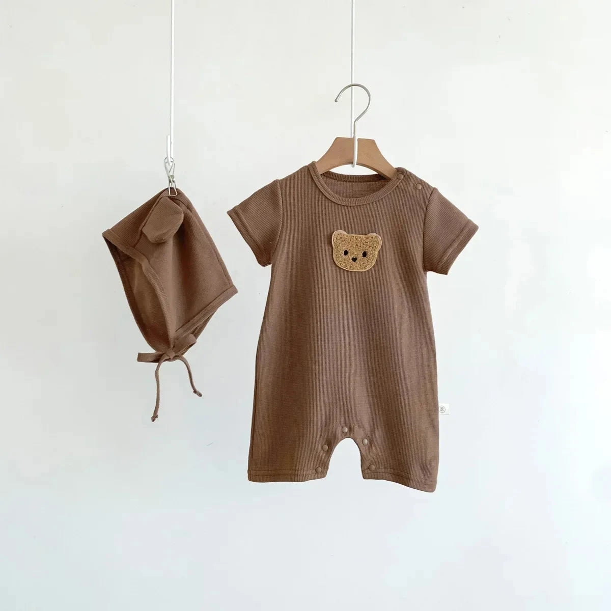 Cotton Romper Gift Hat with Ear New In Summer Kids Baby Girls Boys Short Sleeve Waffle Patch Bear Infant Newborn Jumpsuits - AMULET RING STORE