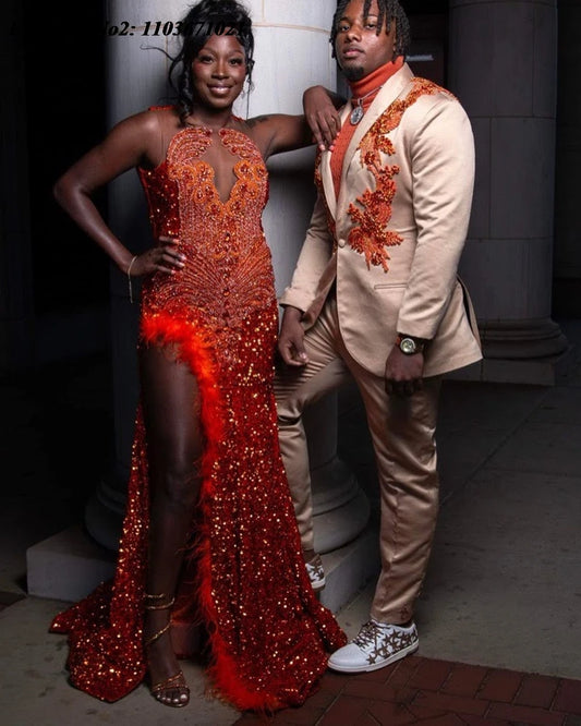 EVLAST Orange Sequin Mermaid Dress - Prom Gown - AMULET RING STORE