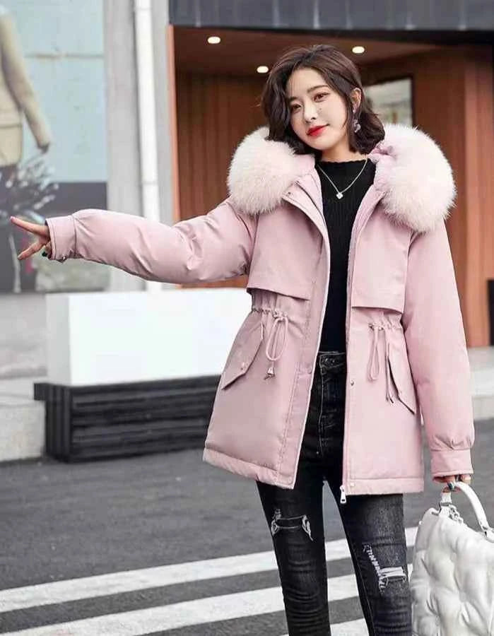2025 Winter Women's Parka Cotton Padded Coat Korean Style Mid Length Waist Cinching Thickened for Cold Suitable for Short Girls