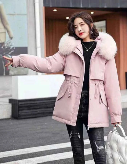2025 Winter Women's Parka Cotton Padded Coat Korean Style Mid Length Waist Cinching Thickened for Cold Suitable for Short Girls