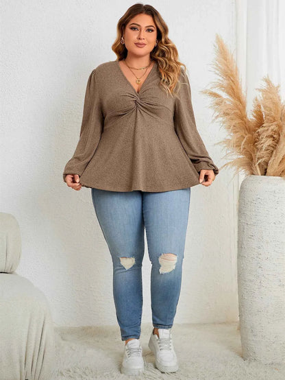 Fairyshely 2025 Spring Autumn V Neck Plus Size Top Women Long Sleeve Loose Large T-shirt Lady Brown Casual Curvy Pullover Tops