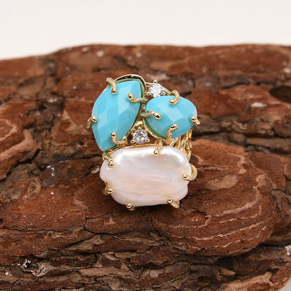 Natural White Pearl Blue Turquoise Stone Rings Adjustable Jewelry Gifts