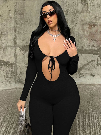 Dulzura Solid Pure Hole Hollow Out Straps Lace-Up Jumpsuit Long Sleeves 2023 Summer Autumn For Women Sexy Streetwear Wholesale - AMULET RING STORE
