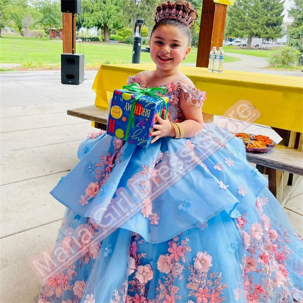 Luxury Appliqué  Flower Girl Dress Spaghetti Straps Birthday Lace Appliques Off Shoulder V-Neck First Communion Gown