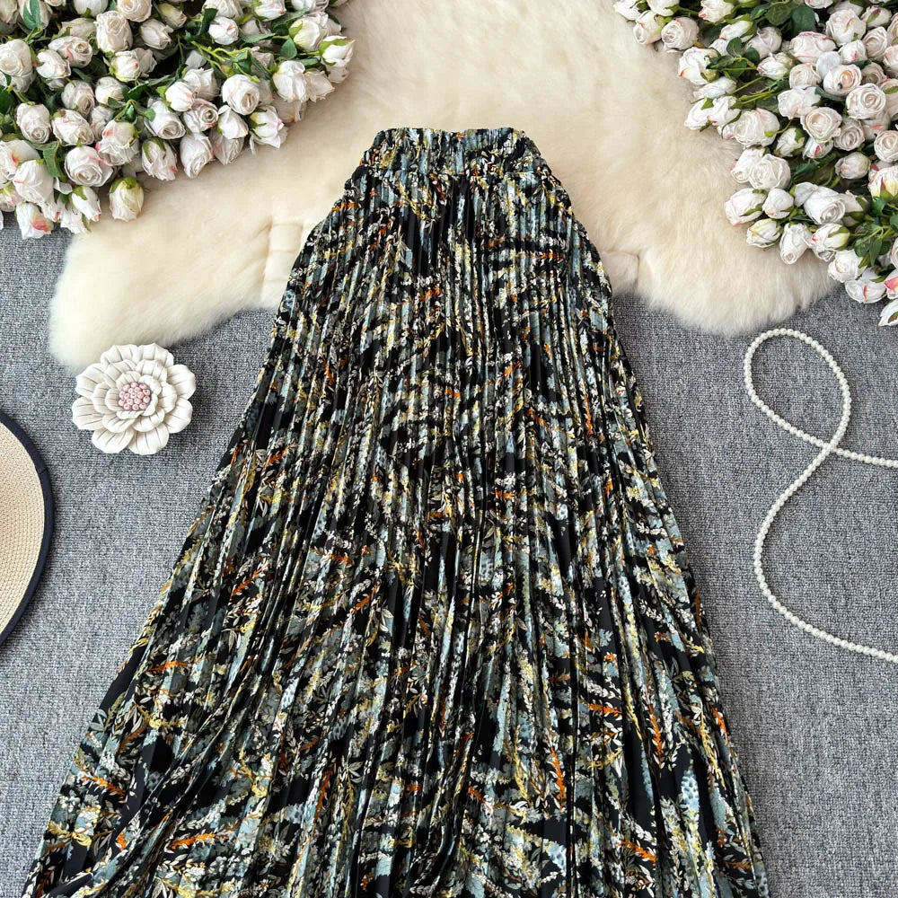 Chiffon A-Line Midi Skirt Women's Autumn 2025 New Sle Cover Hip Draped Large Swing Umbrella Skirt Pleated Floral Skirt