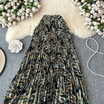 Chiffon A-Line Midi Skirt Women's Autumn 2025 New Sle Cover Hip Draped Large Swing Umbrella Skirt Pleated Floral Skirt