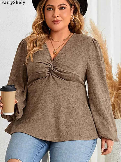 Fairyshely 2025 Spring Autumn V Neck Plus Size Top Women Long Sleeve Loose Large T-shirt Lady Brown Casual Curvy Pullover Tops