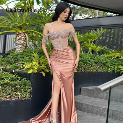 GiGiBraut Fancy Satin Prom Dress For Women Mermaid Pleated Slit Crystals Evening Gowns Vestido De Formatura Party Customised - AMULET RING STORE
