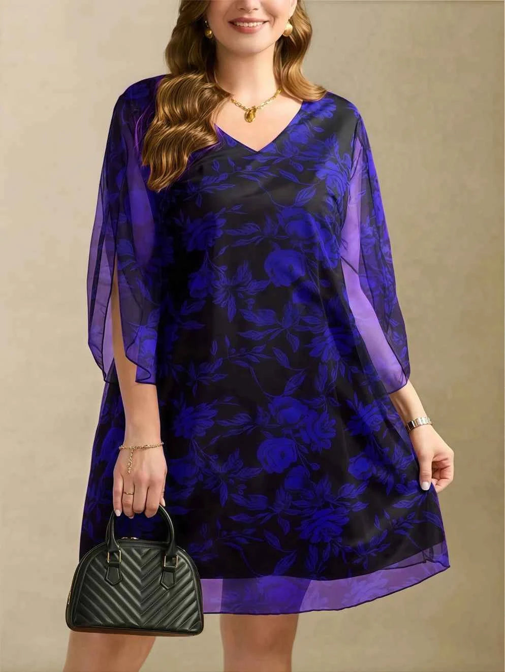 Boho Floral Print Maxi Dress - Layered Mesh V-Neck Plus Size Women's Dress