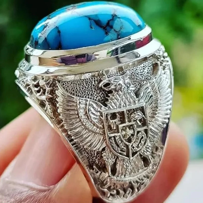 Turkish Handmade Men Vintage Big Turquoise Double Eagle National Emblem Pattern Rings AMULET RING STORE