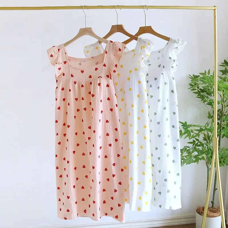 2025 Summer Women's New Sleeping Skirt 100% Cotton Crepe Wood Ear Edge Tank Top Skirt Love Belt Chest Cushion Home Dress Ladies