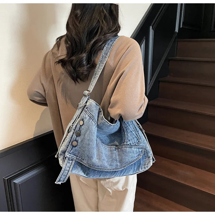 2025 New Women's Denim Tote Bag - Retro Crossbody Shoulder Bag with Large Capacity for Work & Commute, Fashionable Denim Handbag