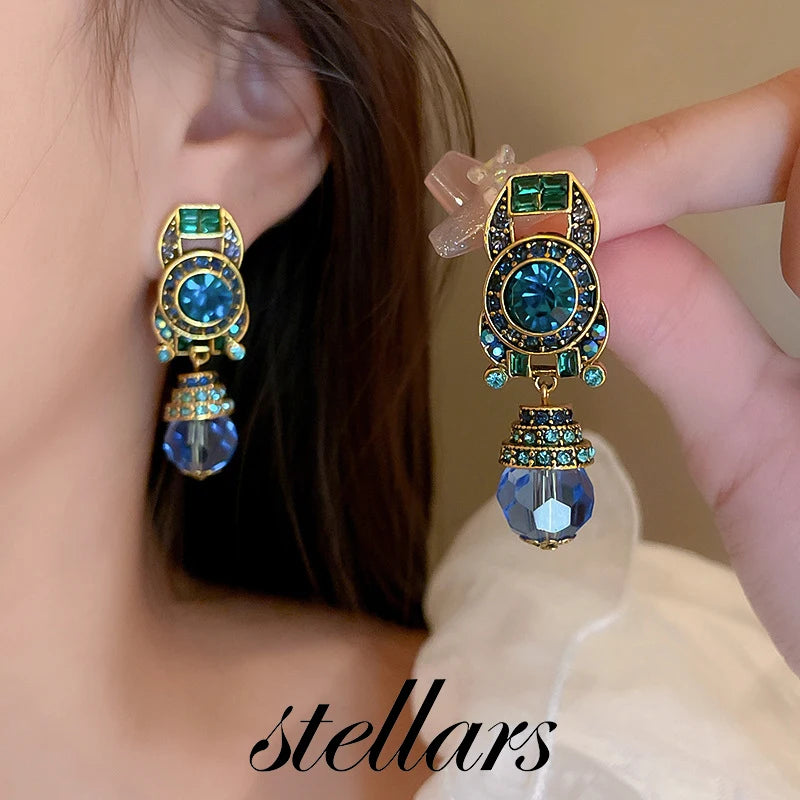 Vintage Non-Pierced Blue Crystal Teardrop Clip-On Earrings, French Luxe Palace Style, Elegant High-End Women's Earrings