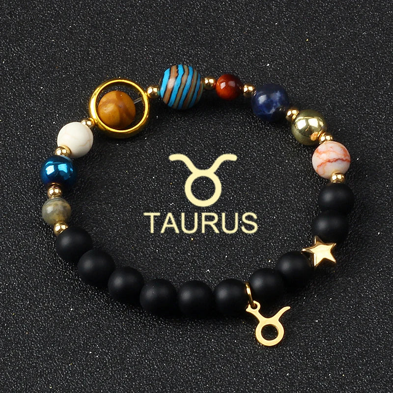 Universe Galaxy Eight Planets 12 Constellation Bracelets for Women Natural Stone Solar System Bracelets Libra Virgo Leo Jewelry