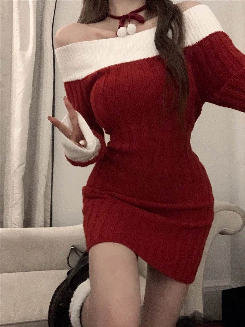 Sexy Red Christmas Dress Women Autumn Winter Korean Style Slash Neck Bodycon Knitted Dresses Female Elegant Y2k Party Mini Dress - AMULET RING STORE