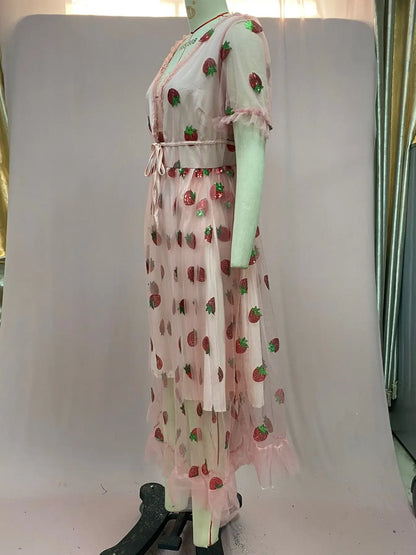 French Style Strawberry Two-tone V-neck Long Dress Sequins Ruffles Fashionable Net Yarn Sleeveless Robe
