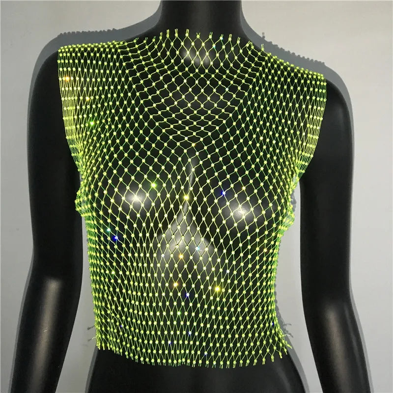 Women's Fishnet Rhinestone Crop Top 2024 Summer Sexy Mesh High Elastic Black White Shirt Net See Through Rave Diamond Tank Top - AMULET RING STORE