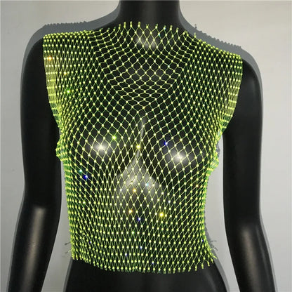 Women's Fishnet Rhinestone Crop Top 2024 Summer Sexy Mesh High Elastic Black White Shirt Net See Through Rave Diamond Tank Top - AMULET RING STORE
