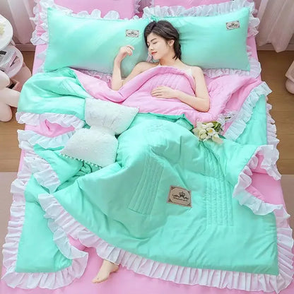 1/3Pc Korean Princess Ruffles Flowers Embroidery Summer Quilt Bedspread on The Bed Quilt Air-conditioning Blanket Bedding Set