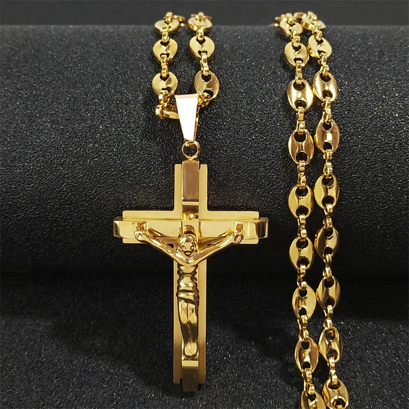 Jesus Cross Crucifix Pendant Necklace for Men Stainless Steel Gold Color Christian Coffee Bean Chain Jewelry croix chrétienne - AMULET RING STORE