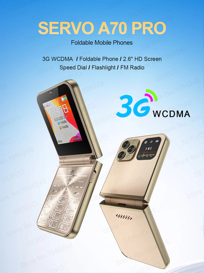 SERVO A70 Pro 3G Network Foldable Phone Speed Dial Call Recording FM Radio Flashlight Key 2.6" Screen Flip Phones 2 SIM Standby