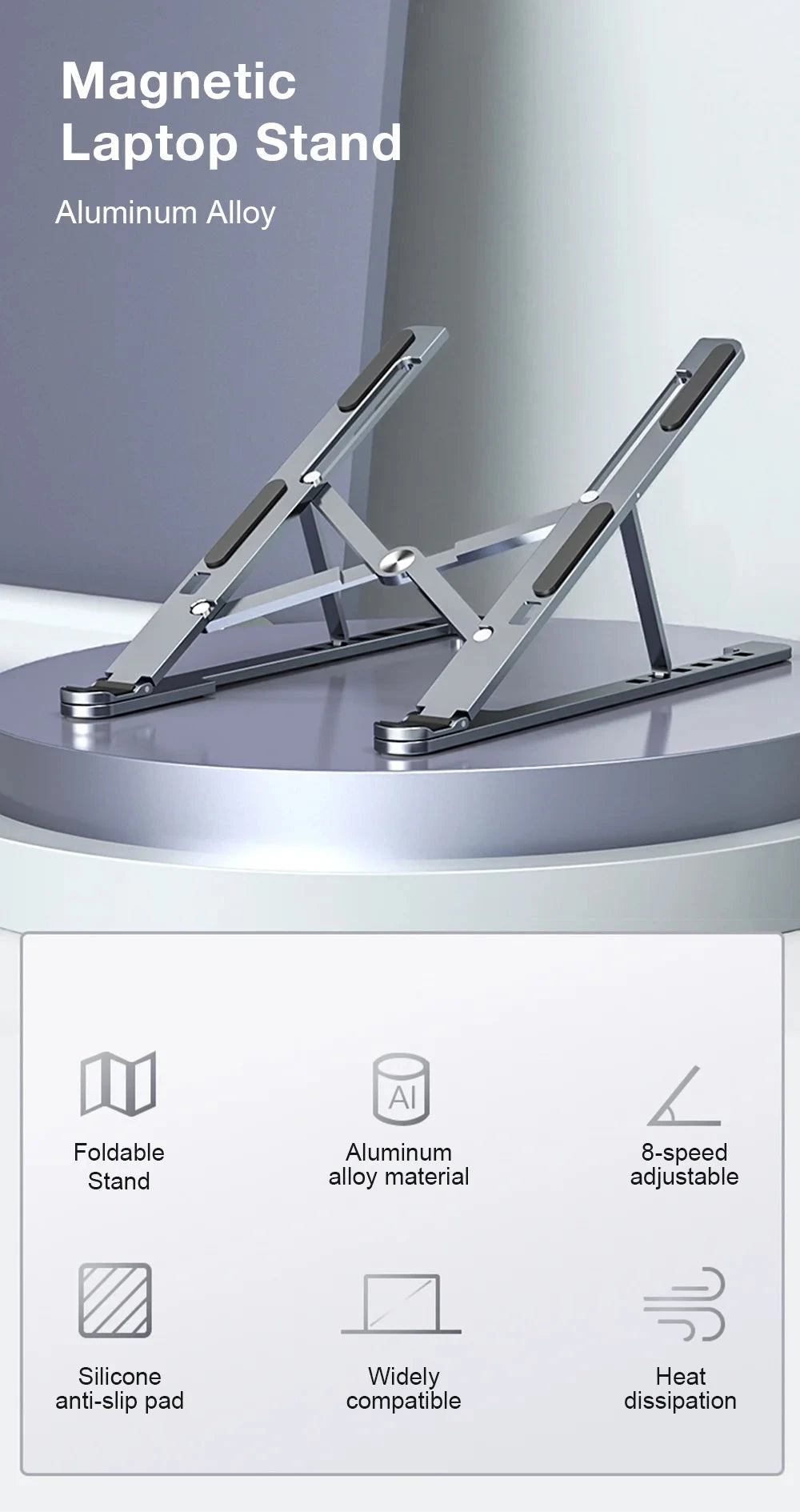 Aluminum Alloy Magnetic Laptop Stand With 8-Level Adjustment, Ventilation and Heat Dissipation, Equipped With Silicone Anti-Slip - AMULET RING STORE