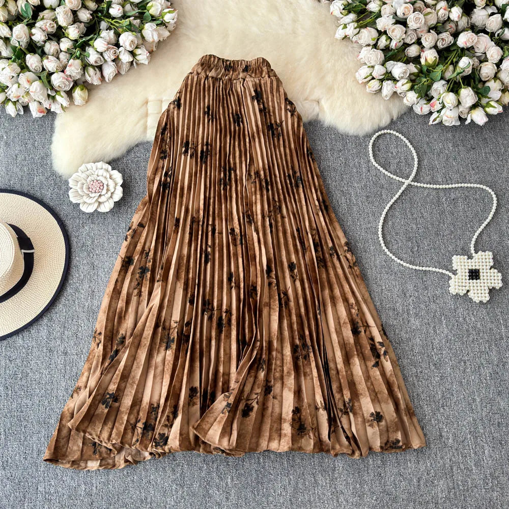 Chiffon A-Line Midi Skirt Women's Autumn 2025 New Sle Cover Hip Draped Large Swing Umbrella Skirt Pleated Floral Skirt