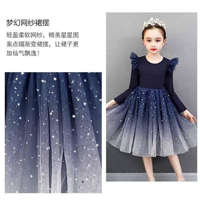 2025 New Red Princess Dress Baby Girls Dress Spring Kids Clothes Dress Party Long-sleeved For Children Dress Rainbow 3-10T