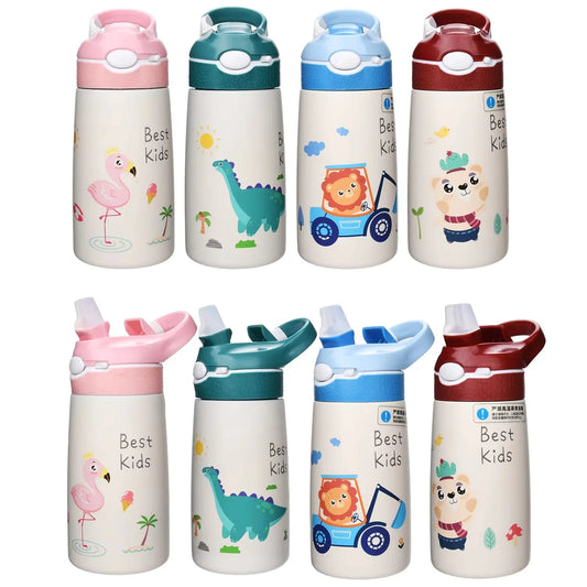 400ML Kids Water Bottle Cartoon Animal Thermos Mug Baby Duck Billed Straw 316 Stainless Steel Vacuum Flasks Thermos Bottle - AMULET RING STORE