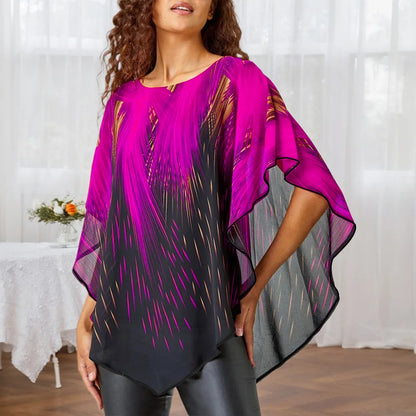 Plus Size Women's Aurora Printed Gauze Cloak Sleeve Blouse Tunic Tops Ladies Summer Casual Loose T Shirts Tee XL 2XL 3XL 4XL 5XL