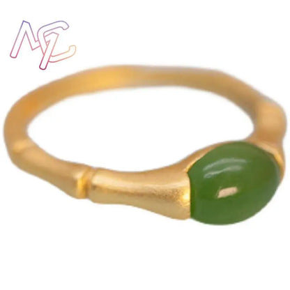 Green Natural Jade Bamboo Rings Stone Carved Gemstone Vintage Charm Lucky Talismans Adjustable Ring Real Jewelry